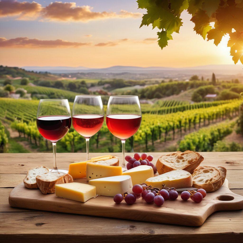 A beautifully arranged wine tasting scene featuring elegant wine glasses filled with various shades of red, white, and rosé wines. The backdrop includes a rustic wooden table adorned with cheese, grapes, and artisanal bread, while a vineyard stretches out in the distance under a golden sunset sky. Capturing the essence of discovery and enjoyment, this image invites both seasoned connoisseurs and curious newbies to explore. super-realistic. vibrant colors. soft focus.