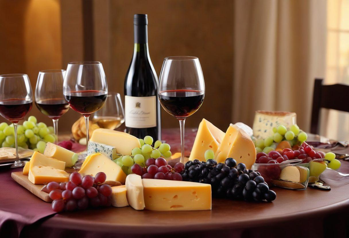 A sophisticated table setting featuring an array of elegant wine glasses filled with various types of wine, surrounded by gourmet cheese and fruits. The scene is illuminated by soft, warm lighting, creating an inviting atmosphere. Include a wine decanter and a stylish corkscrew as decorative elements. Capture the essence of luxury and enjoyment in wine tasting. super-realistic. vibrant colors. elegant styling.