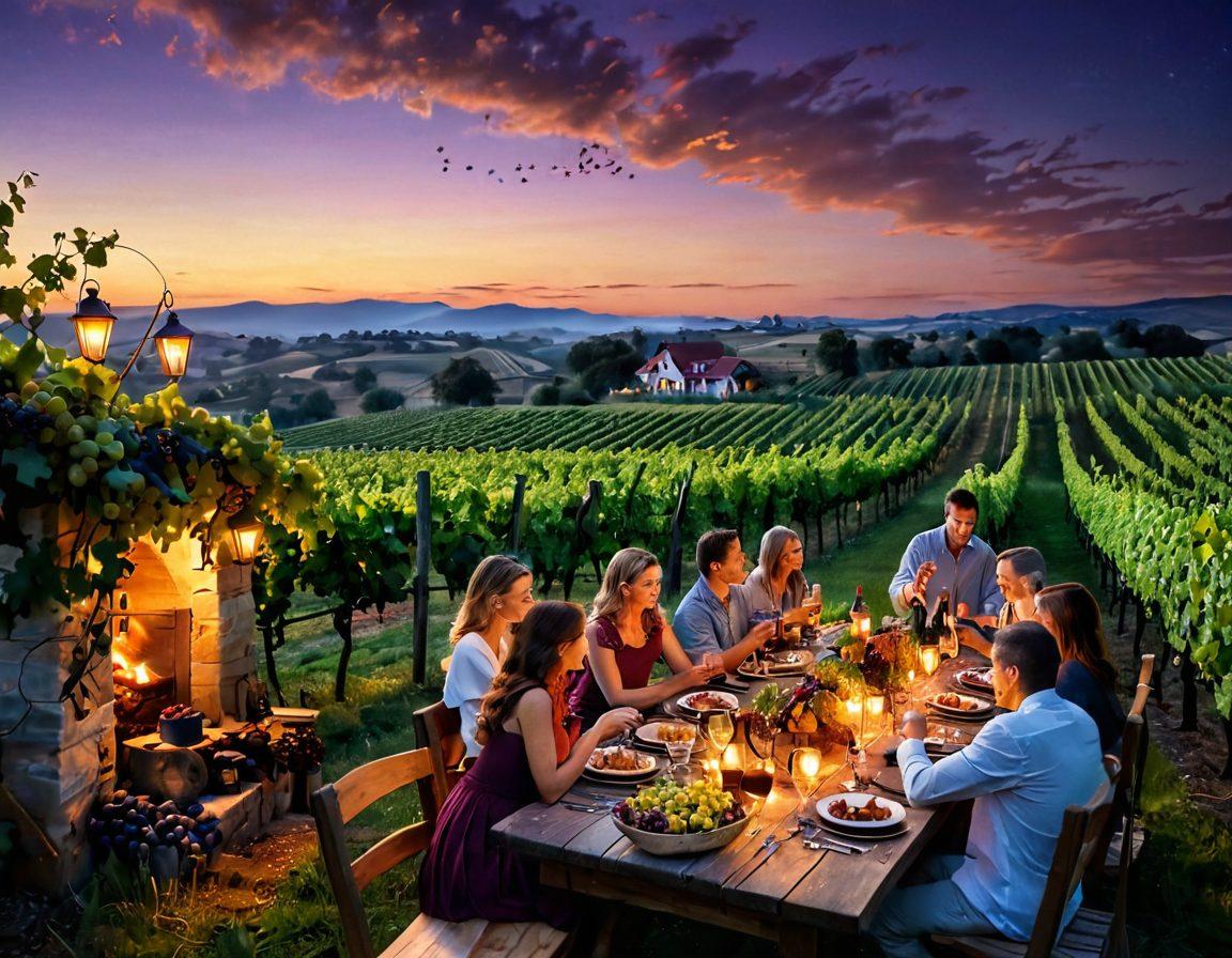 A picturesque vineyard during harvest season, with cheerful people celebrating and tasting wine, surrounded by grapevines laden with ripe grapes. Include a rustic wooden table set with various cheese and wine pairings, under a twilight sky with twinkling fairy lights. The ambiance captures the warmth of a festive gathering. vibrant colors. super-realistic.